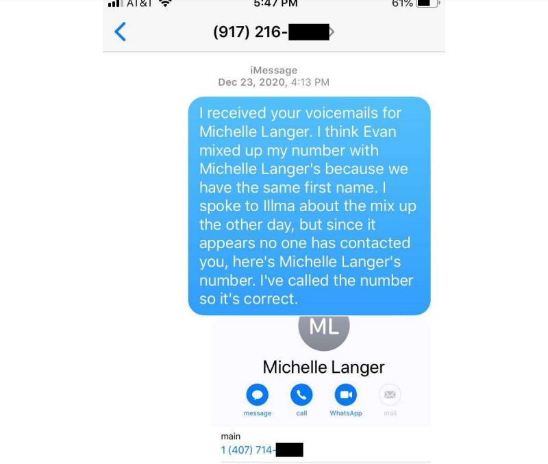 Michele Meyer messages Jamie Bell with the correct contact number for agent Michelle Langer.