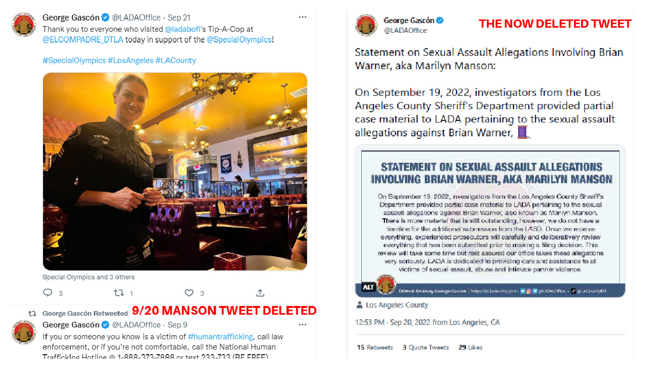 Justice for Marilyn Manson I LA District Attorney Now deleted tweet on status of criminal investigation