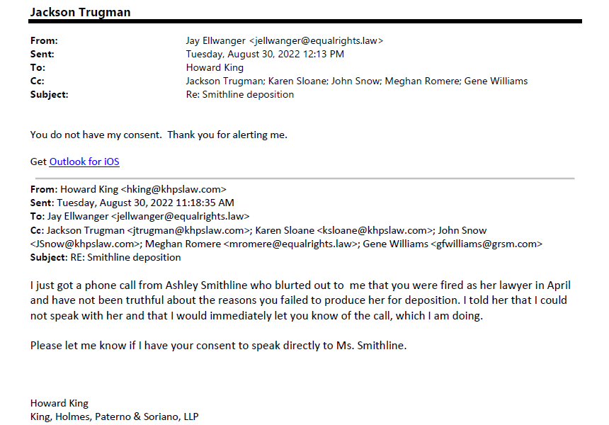 Justice for Marilyn Manson I Jay Ellwanger emailing Howard E King about Ashley Morgan Smithline deposition 