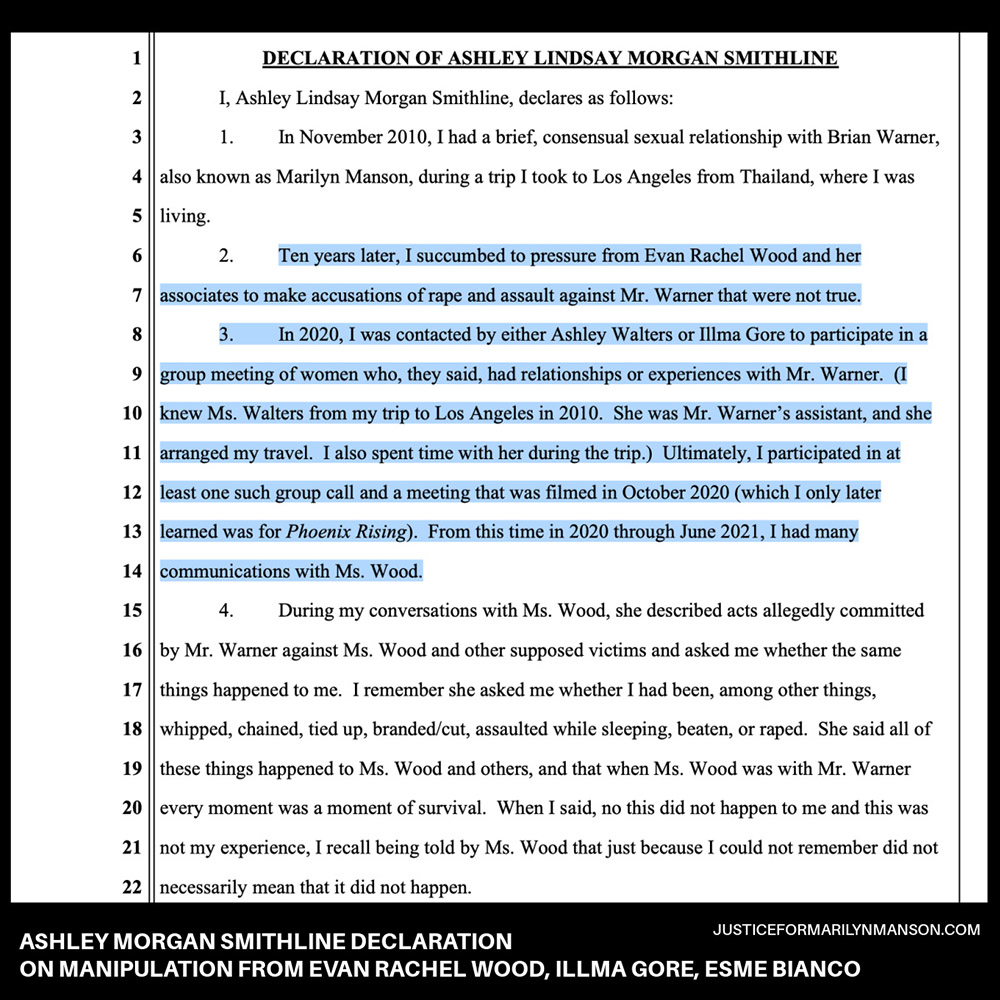 Evan Rachel Wood Manipulated Ashley Morgan Smithline into lying about Marilyn Manson abuse according to her sworn court statement