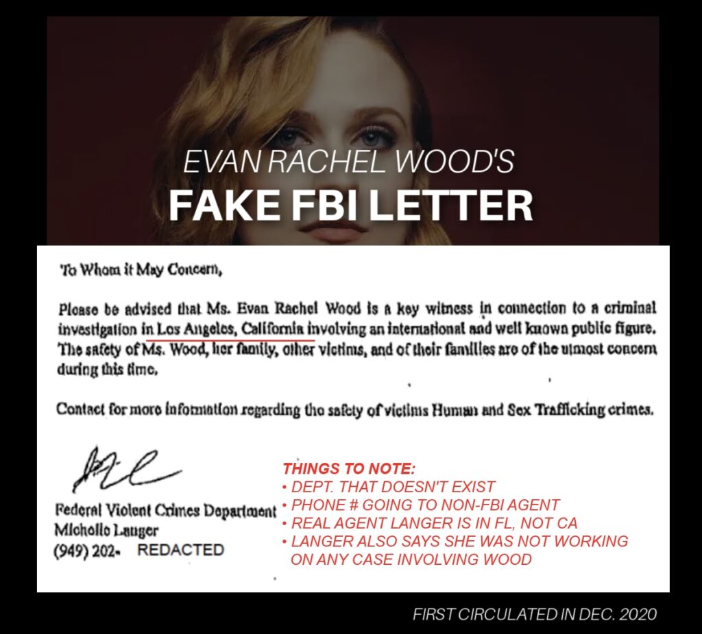 Evan Rachel Wood forged FBI letter