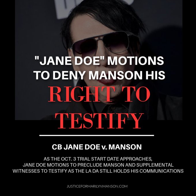 Jane Doe motions to block Marilyn Manson from testifying in his own trial as well as multiple other key witnesses