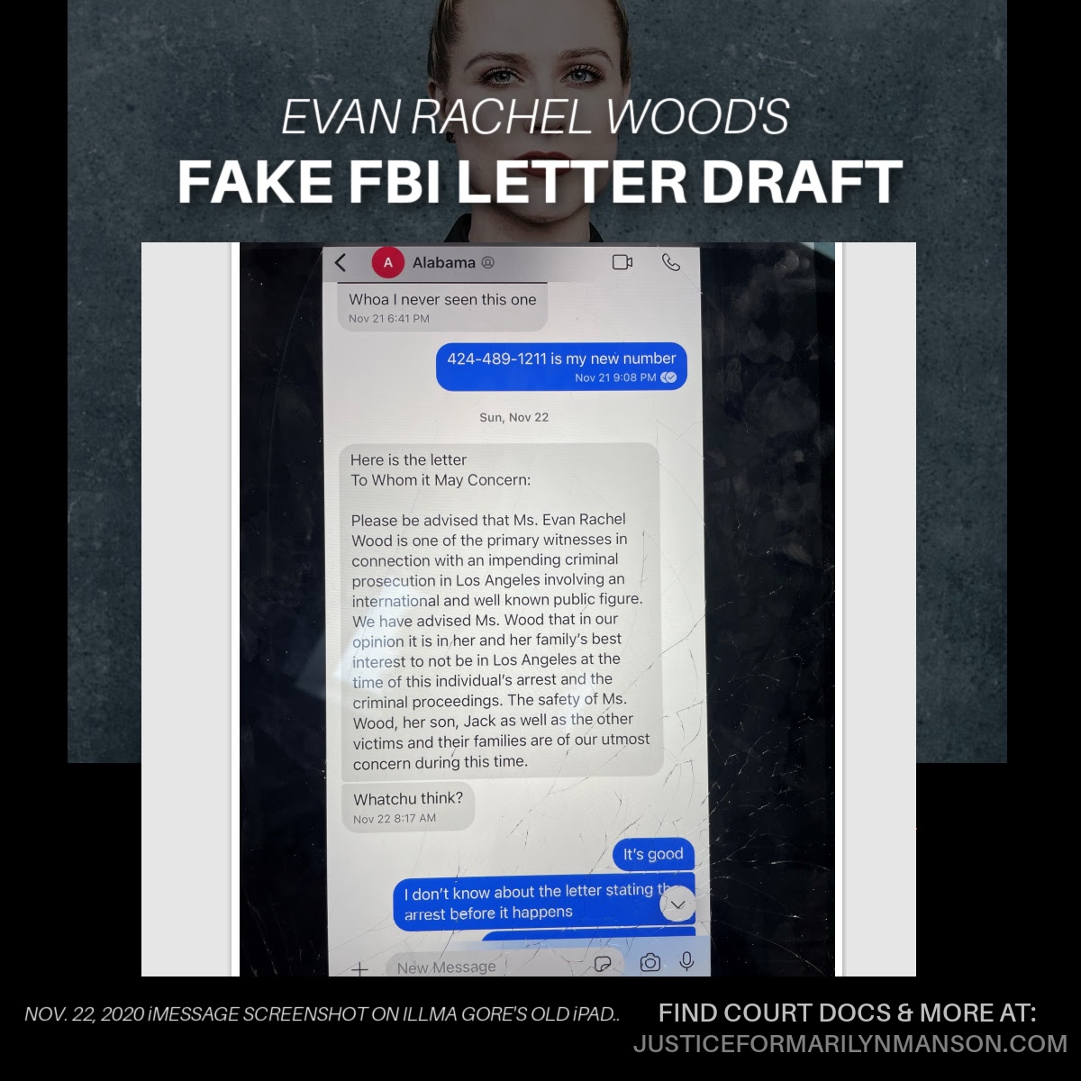 Court Documents I Evan Rachel Wood and Ashley Illma Gore draft fake FBI letter