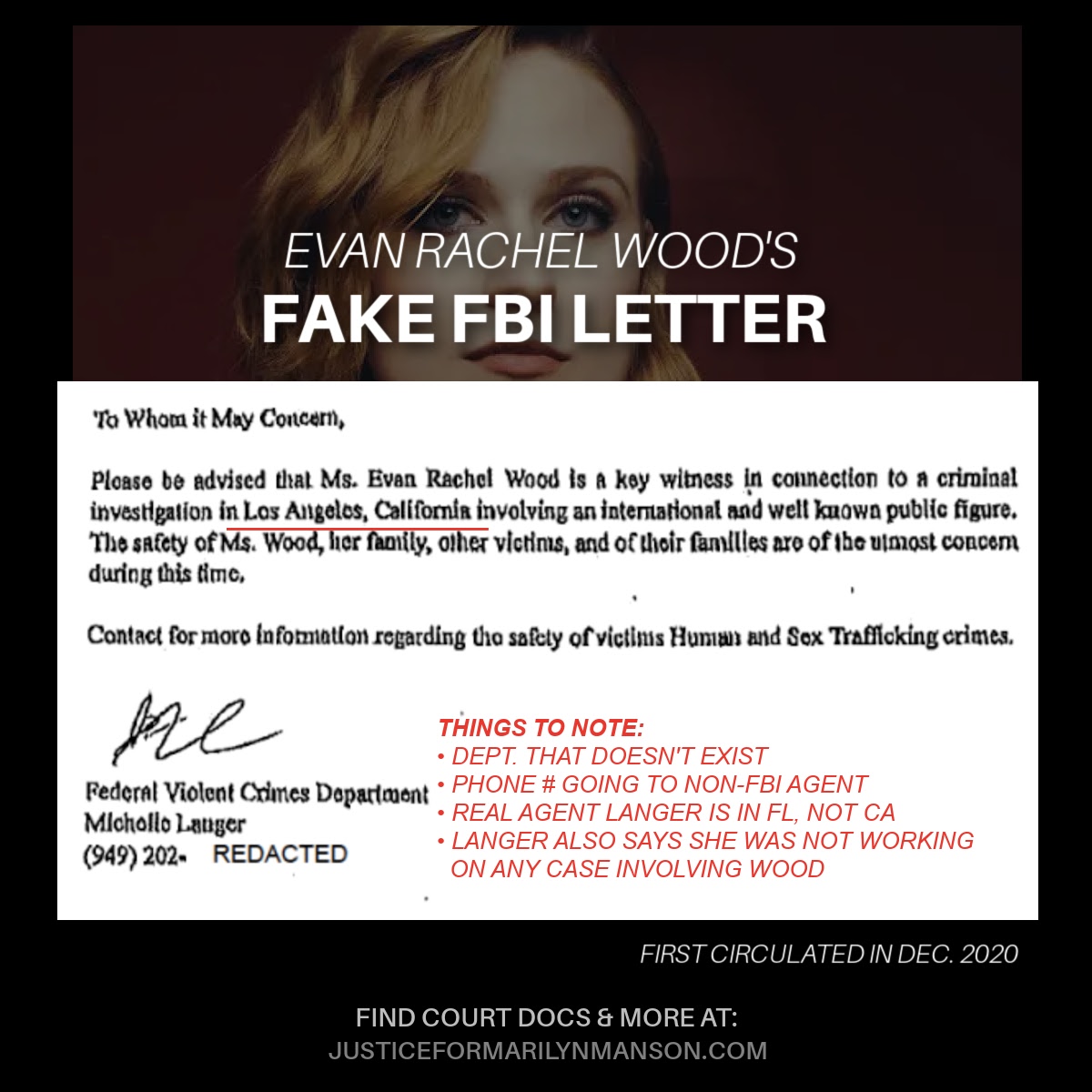 Court Documents I Ashley Illma Gore and Evan Rachel Wood forge FBI letter impersonating two real federal agents that Wood filed in court in two states