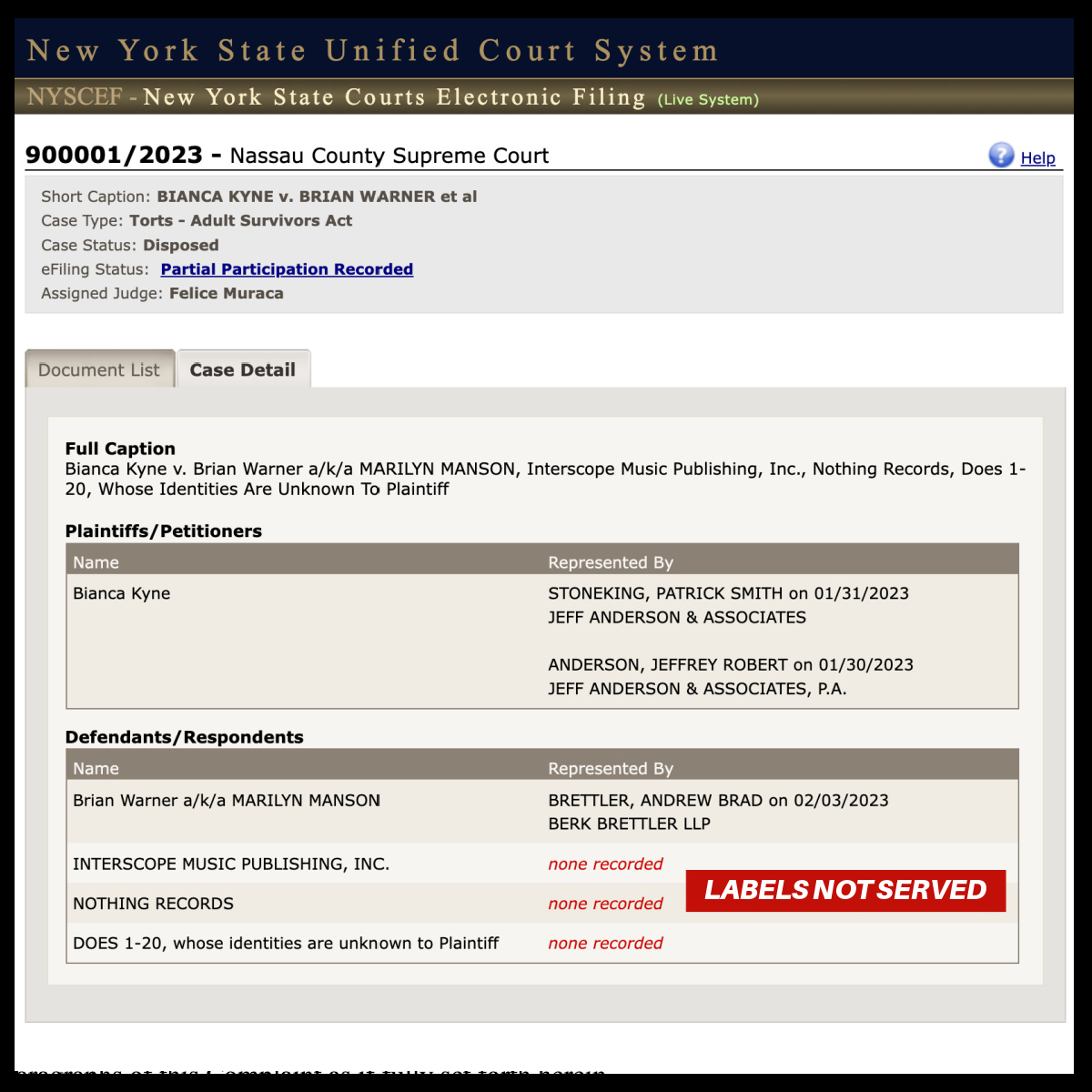 New York Superior Court guts Bianca Allaine Kyne Marilyn Manson lawsuit from Jeff Anderson and Karen Barth Menzies