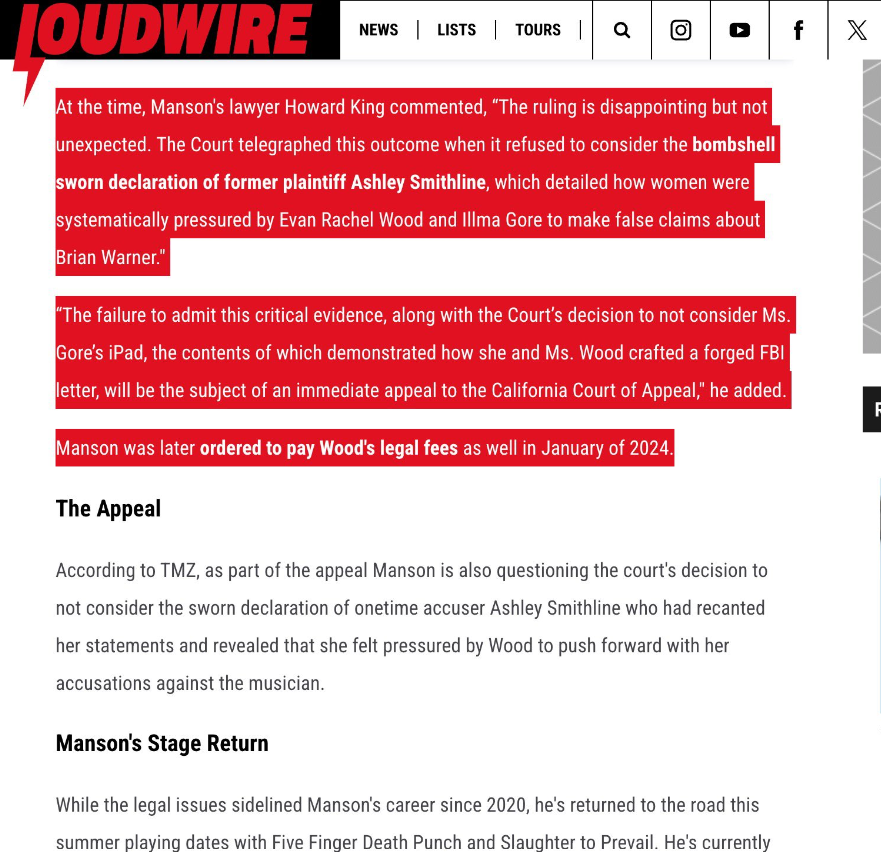 Marilyn Manson attorney Howard E. King statement to on the court ignoring testimony Ashley Morgan Smithline and Ashley Illma Gore coerced her to lie about Marilyn Manson abuse that never happened.