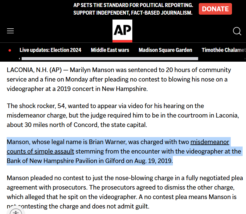 Brian Warner aka Marilyn Manson assault victim leads to conviction over 2019 incident in New Hampshire.