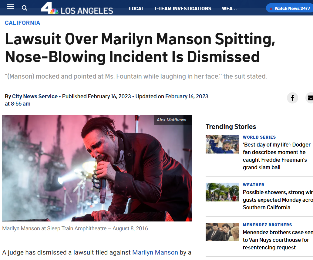 Lawsuit by Susan Fountain against Marilyn Manson initially dismissed in Feb. 2023 over assault.