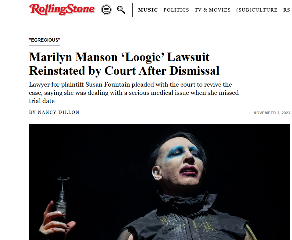 Susan Fountain lawsuit for assault against Marilyn Manson reopened.